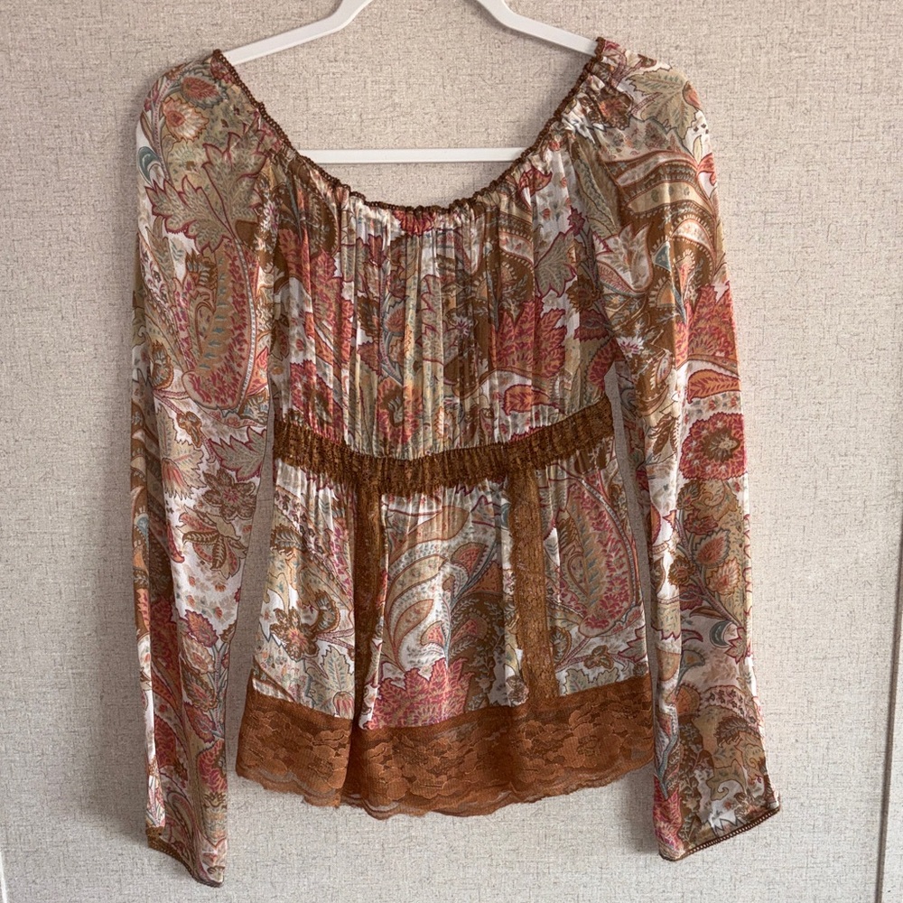 H&M Boho Paisley Peasant Top Sz 8 Long Sleeve Sheer Lace Trim Cottagecore FLAW